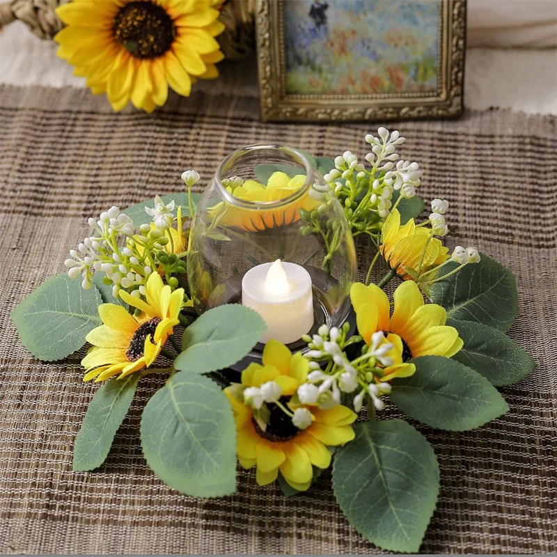 Artificial Flower Candlestick Wreath 25cm Simulated Sundlower Candle Holder Ring Wedding Christmas Desktop Centerpiece Decorate