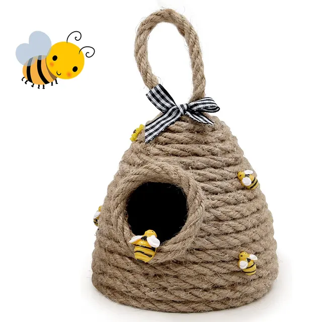 🐝 Handcrafted Jute Beehive Hanging Decor - Adorable Farmhouse Bee-Themed Ornament for Tiered Trays & Garden Spaces