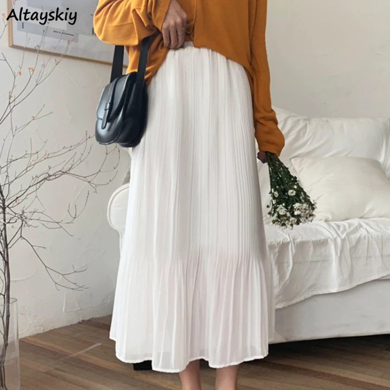 

Chiffon Skirts Women High Waist Pleated Solid Elegant Simple Retro Basic All-match Cozy Fashion Ulzzang Mujer Faldas Ins