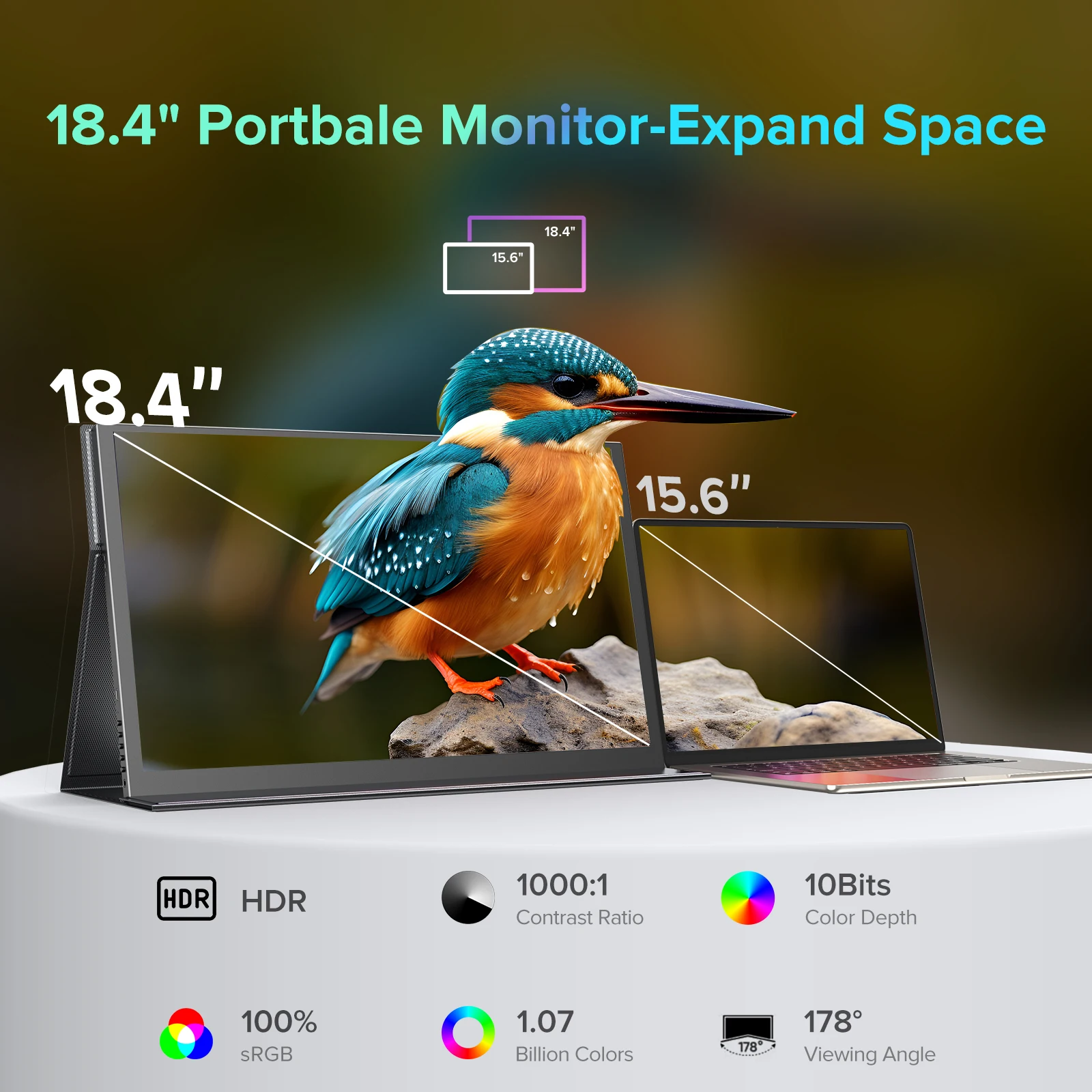 EVICIV 휴대용 모니터 4K 18.4인치 10비트 UHD FreeSync HDR 모바일 모니터 USB C 미니 HDMI 노트북 전화 게임 콘솔 스위치 PS5