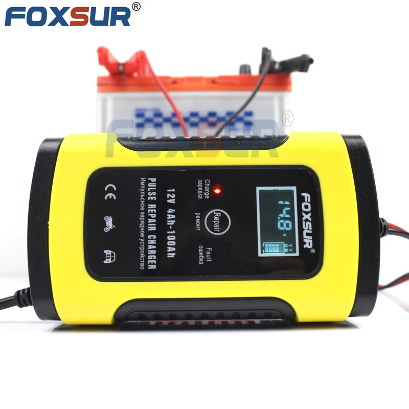 FOXSUR 12V 5A Motorcycle Car Battery Charger Maintainer & Desulfator Smart Battery Charger Pulse Repair Charger LCD Display