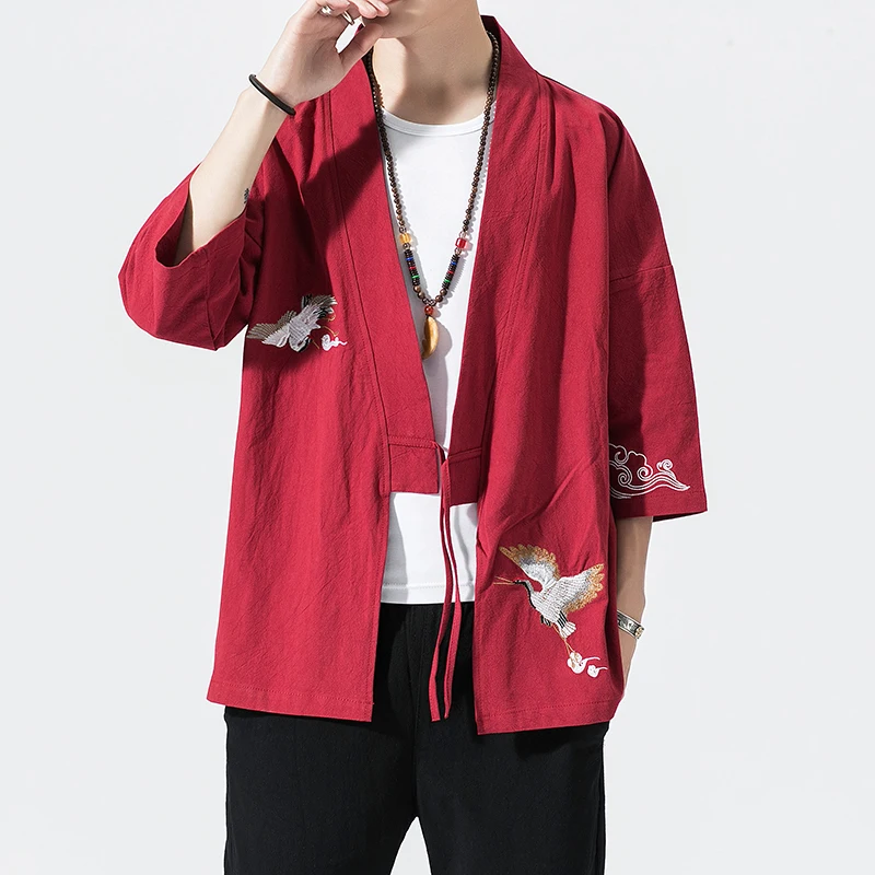 Kimono Haori brodé de grue pour hommes et femmes, style japonais Harajuku, grande taille, costume de samouraï, vêtements asiatiques, cardigan, veste