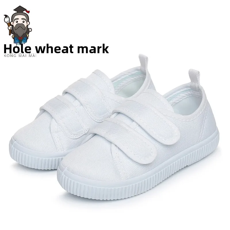 Boys Canvas Shoes Kindergarten Schools White Shoes Children Student White Cloth Shoes Girls Shoelaces Velcro Neutral Solid Color - 5