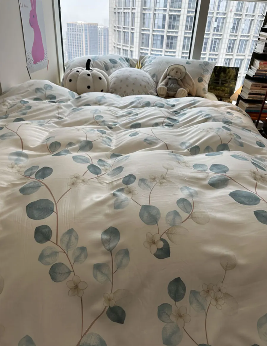 

Elegant pastoral plant leaf blue bedding set,full queen king comfortable design home textile bed sheet pillow case quilt cover