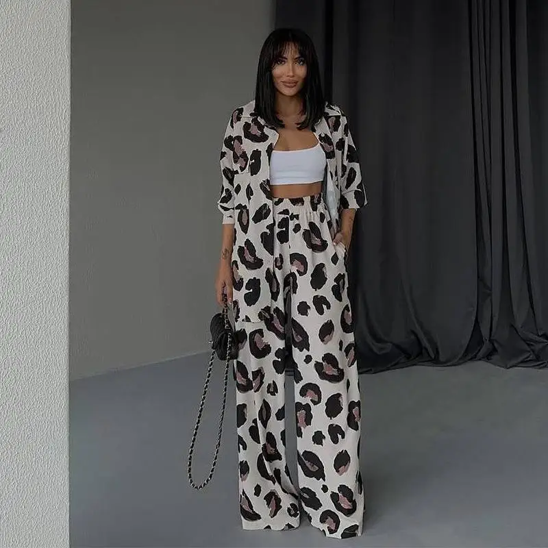 2023 Autumn New Print Design Long Sleeve Shirt Wide Leg Pants Two-piece Set