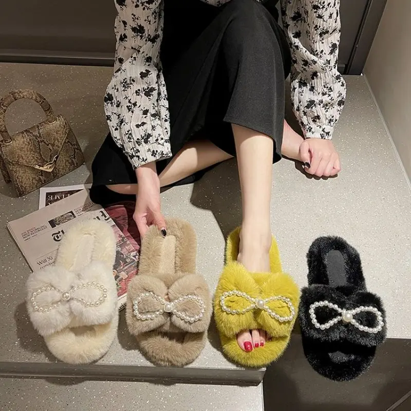 

Woman Slippers Furry Open Toe Four Colors Home Outdoor Sliders Winter Fashion Slip-on Female Casual Furry Slippers for Home New