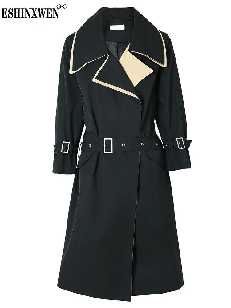 

Eshin 2023 New Autumn Double Collar Spliced Design Trench Coat For Women Long Sleeve With Belt Contrast Color Windbreaker TH4983