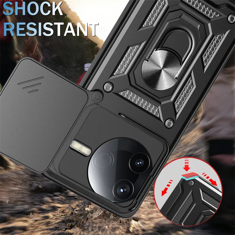 Magnetic Ring Holder Armor Back Cover - Shockproof Protective Case with Car Mount Feature