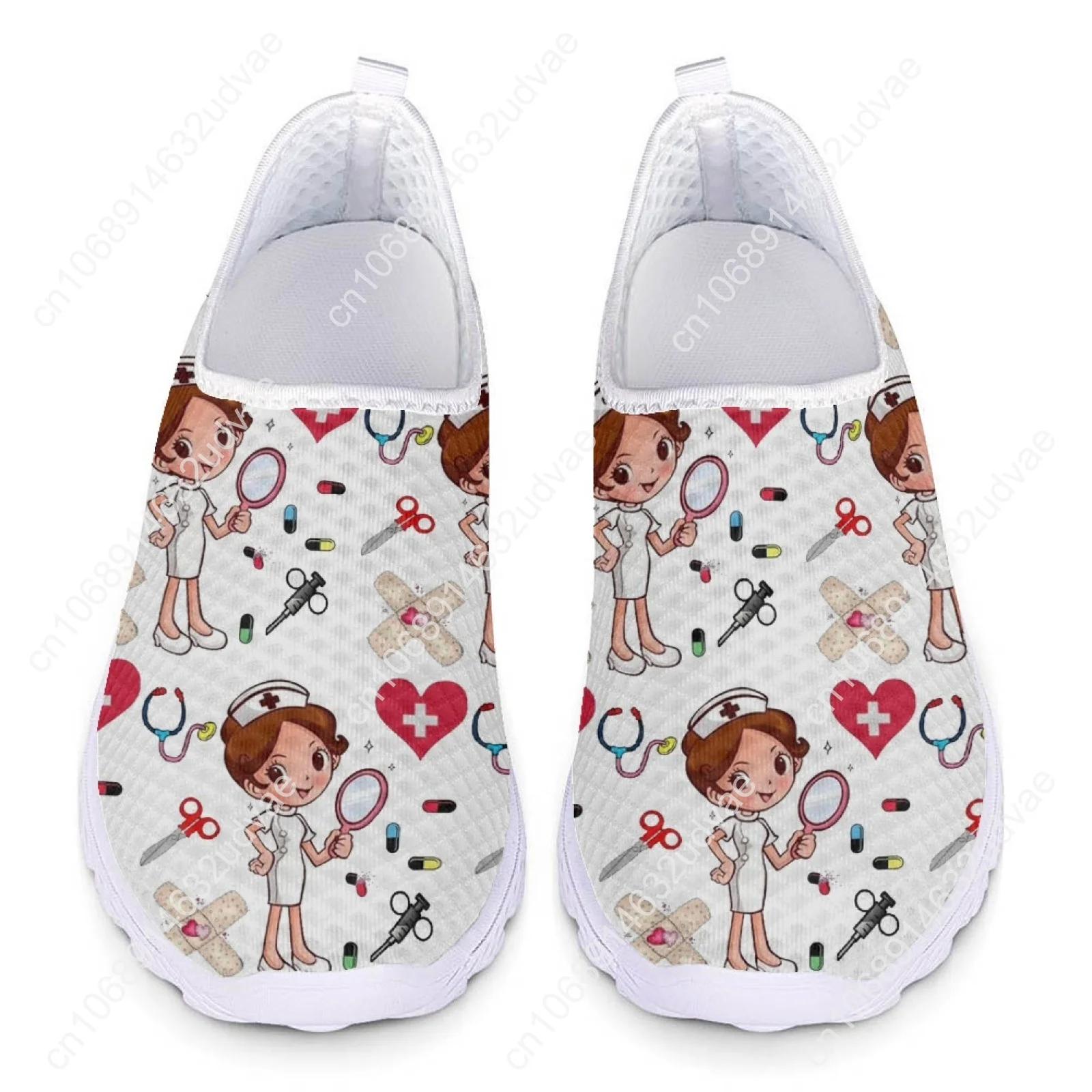 White Flats Women Nurse Cute Cartoon Nurse Women Sneakers Comfortable Breathable Loafers Casual Mesh Walking Shoes