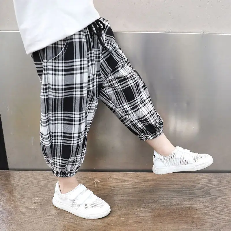 

Kids Clothing Summer Casual Fashion Plaid Printed Trend Korean Version Loose Cotton Boys Spliced Pocket Elastic Waist Capris