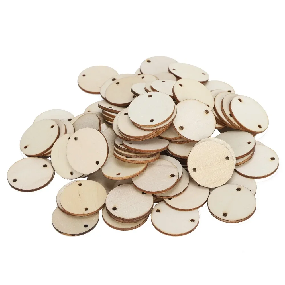 100개 나무 수제 DIY 미완성 원형 나무 조각 구멍 있는 나무 펜던트 3.5cm 원형 나무 조각 DIY 공예품