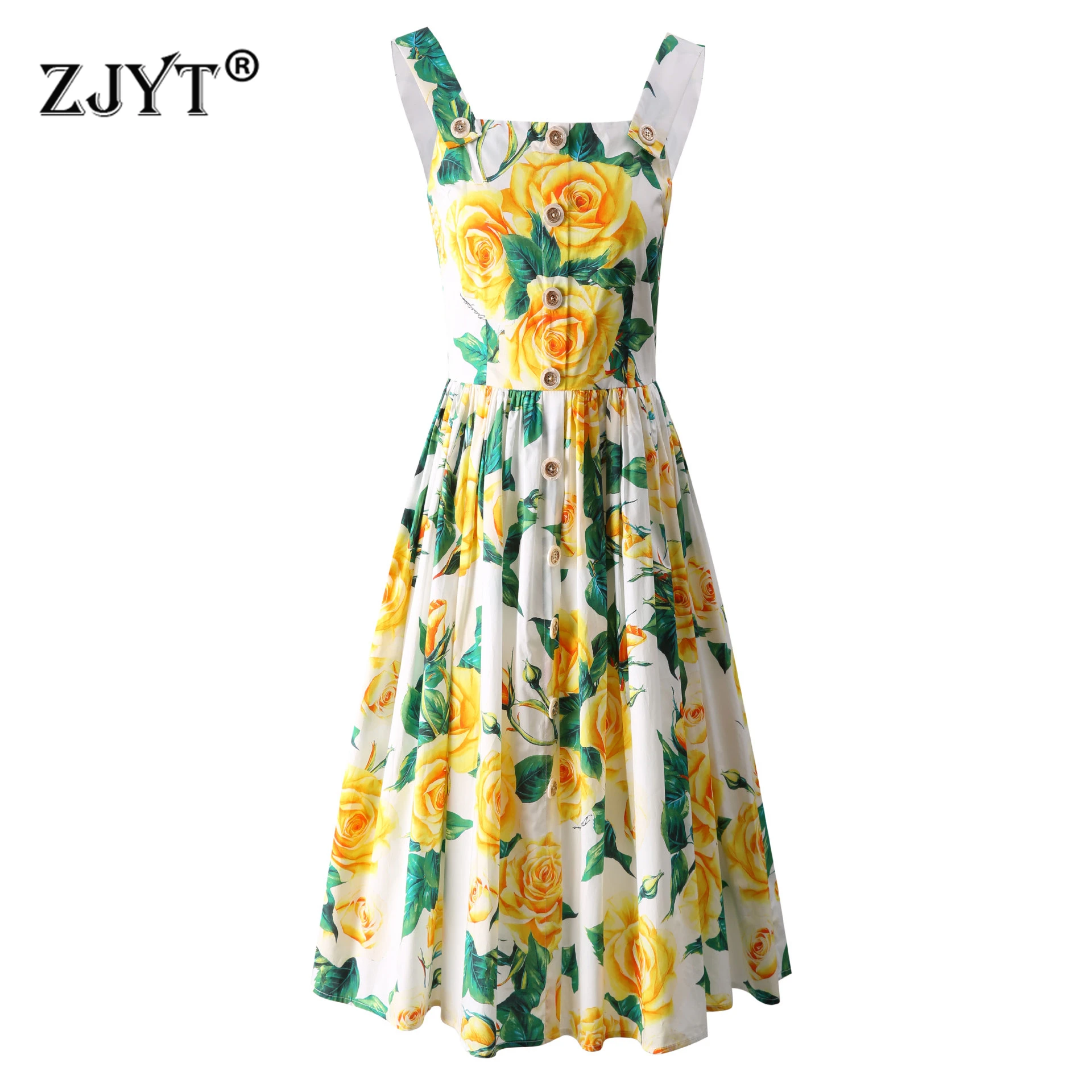 

ZJYT Runway 2024 Summer Floral Print 100% Cotton Dress Women Spaghetti Strap Buttons Midi Party Holiday Dresses Beach Vestidos