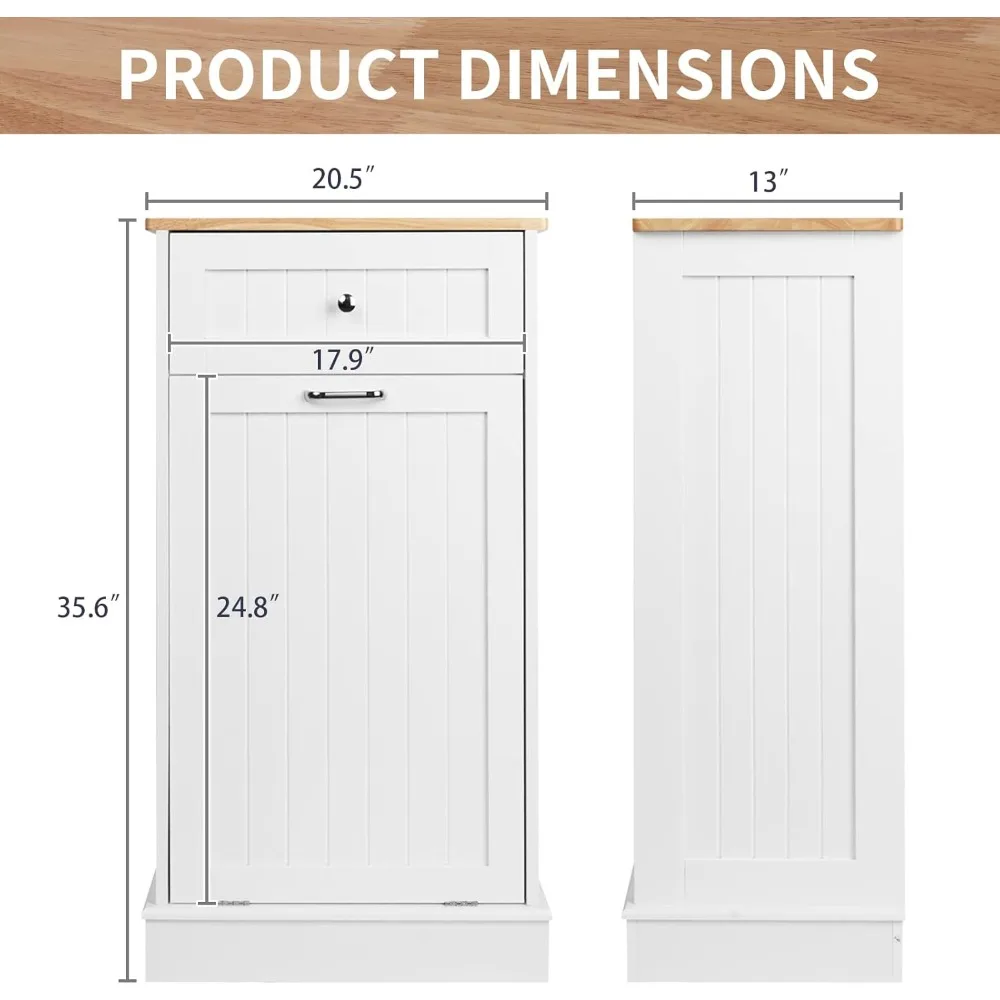 Tilt Out Trash Cabinet,Antique-Style Beadboard Kitchen Island with Solid Wood Tabletop & Drawer, Pet Proof Trash Can, Wood Laund