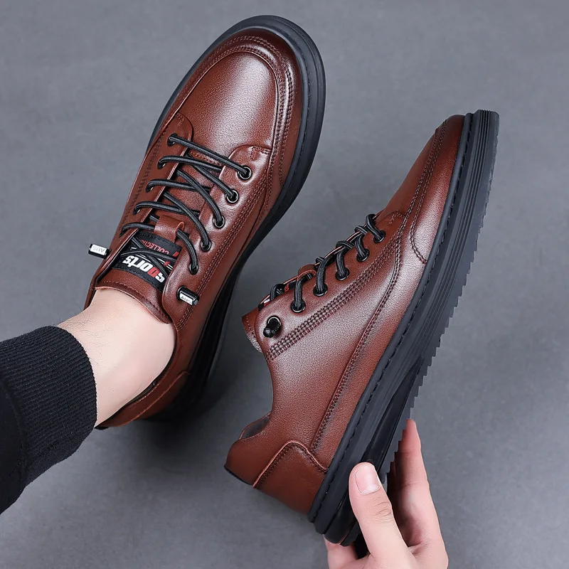 

Men Genuine Leather Shoes Black Brown Breathable Trend Casual Loafers Round Toe Sewing Designer Shallow Mouth Flats Size 38-44