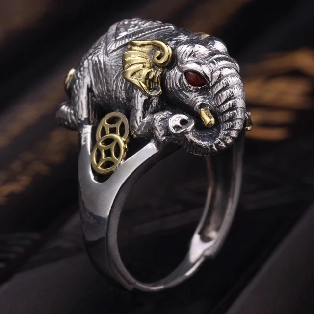 1pc [Attract Wealth And Good Fortune] Handmade Elephant Ring With Wide  Panel, Made Of Auspicious Thai Silver With Vintage Matt Finish | SHEIN USA