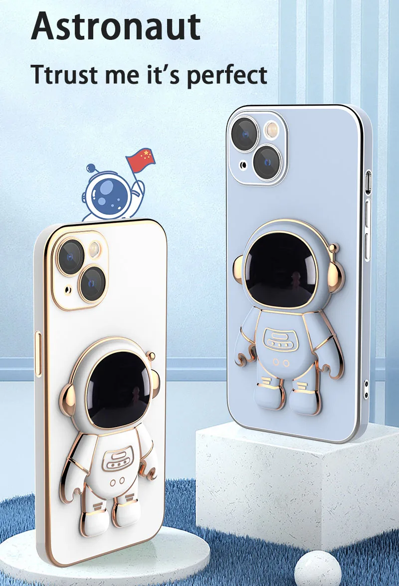 Astronaut Space Electroplate Folding Stand Cell Phone Case For iPhone 13 Pro Max 11 12 Pro Xr Xs 7 8 Plus Silicone Funda Cover iphone 13 pro max leather case