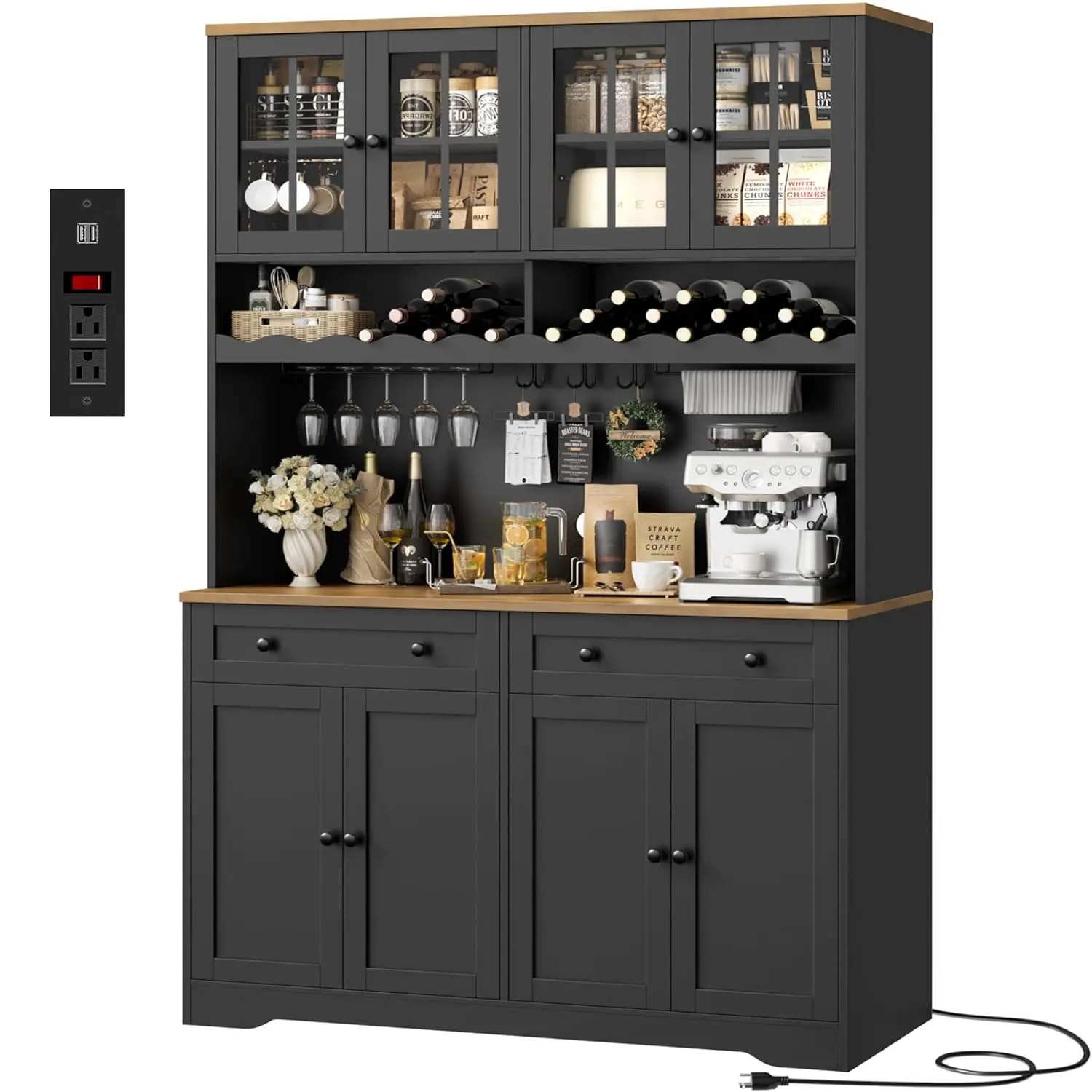 75.4" Tall Kitchen Pantry Cabinet with Charging Station, Modern White Kitchen Hutch with Microwave Stand and Wine, Customized