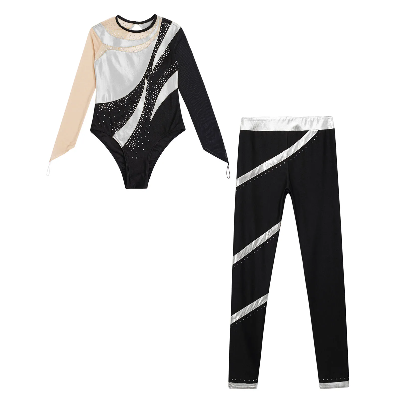 Kinder Mädchen Glänzende Strasssteine Ballett Tanz Outfits Ausschnitt Zurück Trikot mit Hosen Eiskunstlauf Gymnastik Performance Kostüm – Detail 8