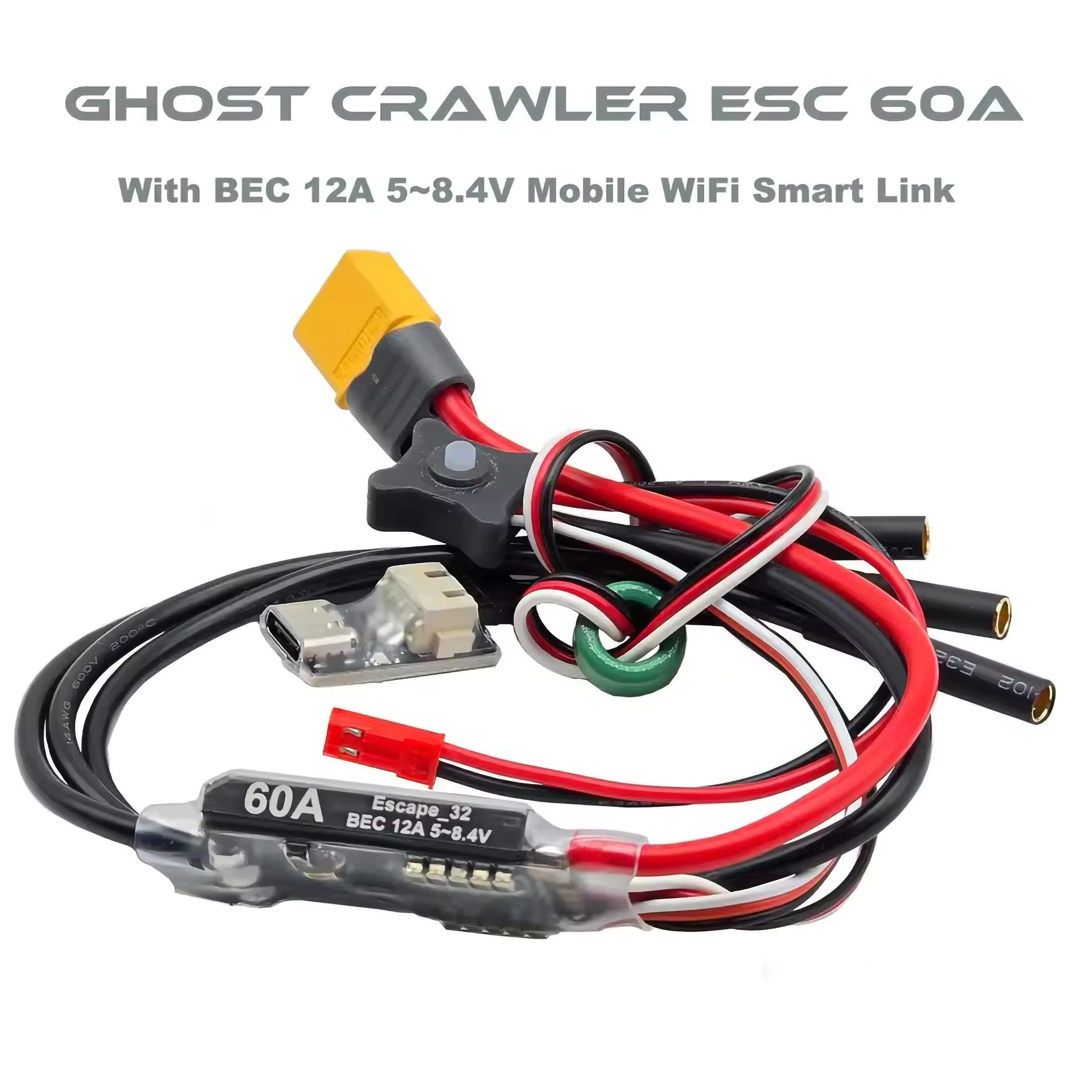 Connecteurs et borniers de l'ESC Ghost 60A programmable WiFi pour voiture RC crawler