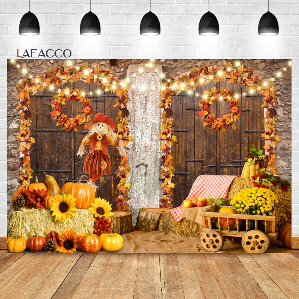 

Laeacco Fall Thanksgiving Backdrop Rustic Wood Door Harvest Autumn Pumpkins Maple Scarecrow Kids Portrait Photography Background