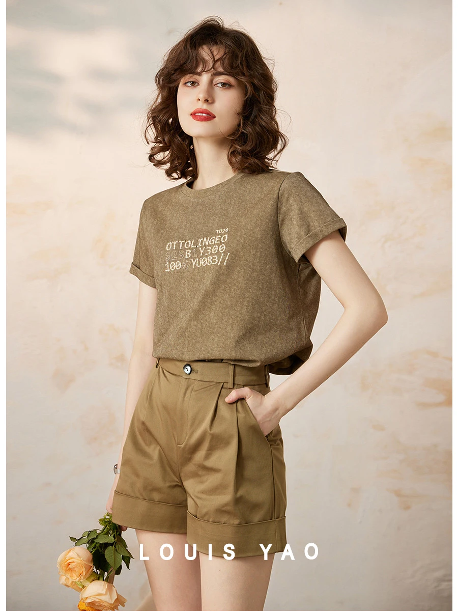

LOUIS YAO Women T-shirt 2024 Summer 100% Cotton Tee Round Neck Short Sleeve Embroidery Letter Loose Fit Casual Basic Women's Top