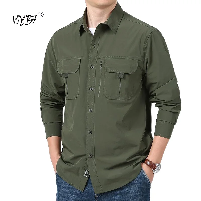Autumn Men's Shirt Solid Color Multiple Pockets Lightweight And Quick Drying Shirt Outdoor Casual Long Ieeved Shirt Men's Shirt