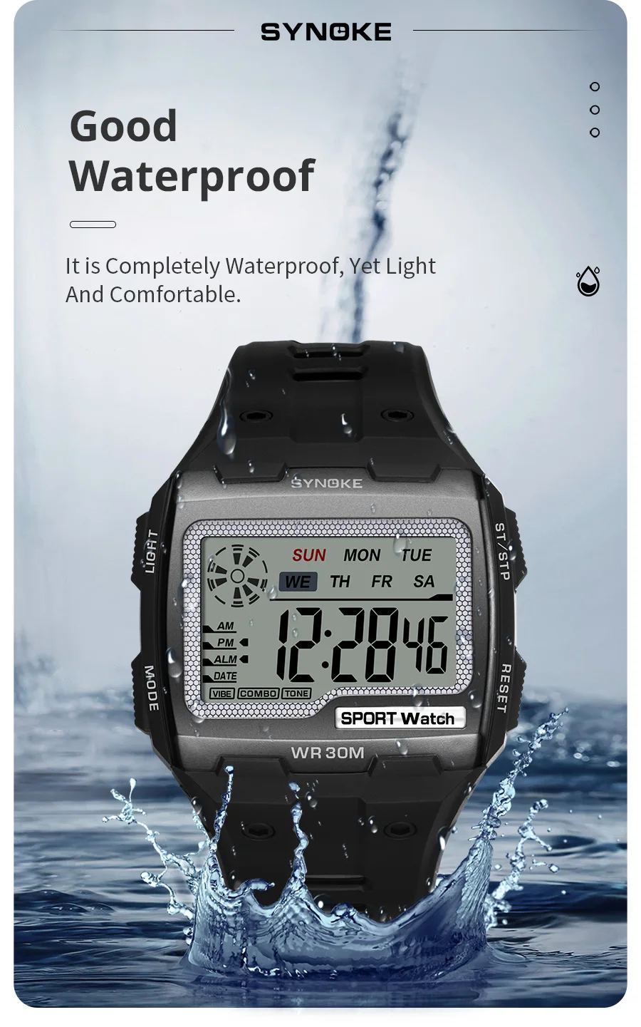 Synoke digitaluhr für männer große zahlen leicht zu lesen 3atm wasserfeste männer digitaluhr outdoor sport leuchtende funktion – Detail 4
