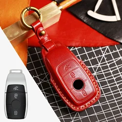 Luxury Leather Car Key Case with Keychain Holder (3 Button Red)
