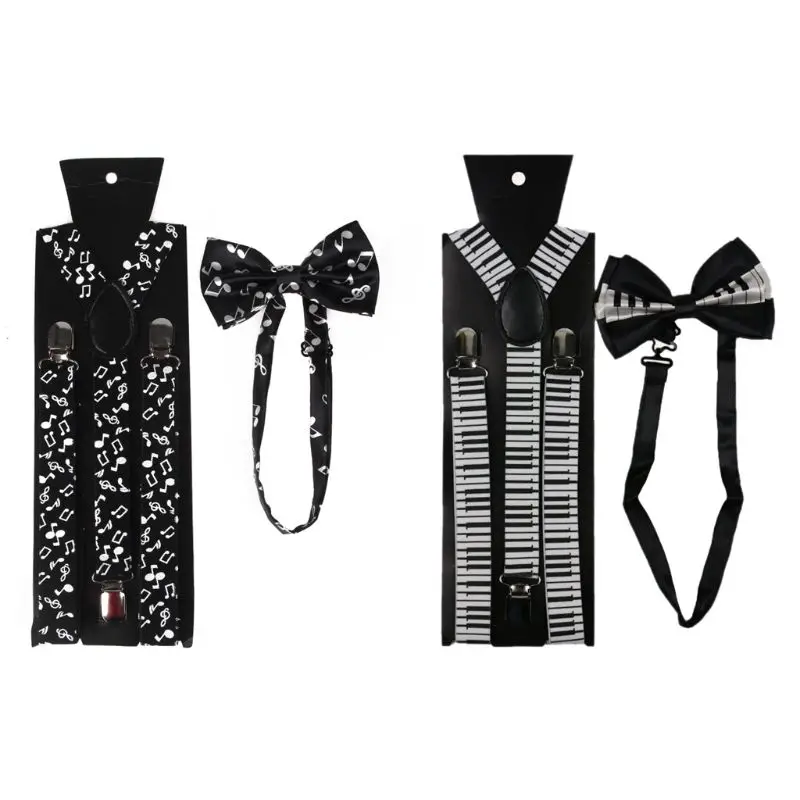 

Men Women 2 In 1 Suspenders Bow Tie Set Black White Music Notes Piano Keyboard P