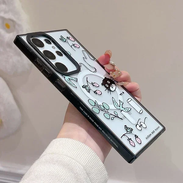 Black Cat MagSafe Acrylic Black Border Case for Samsung Galaxy S22 S23 S24 Ultra Protective Shell