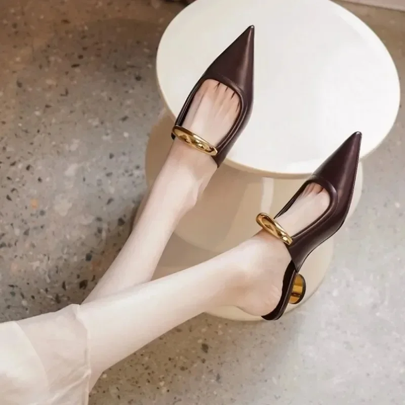 Punk Gothic Metal Buckle Low Heels Sandals Women 2024 New Pointed Toe Thick Heeled Summer Slippers Woman Platform Muller Shoes 4