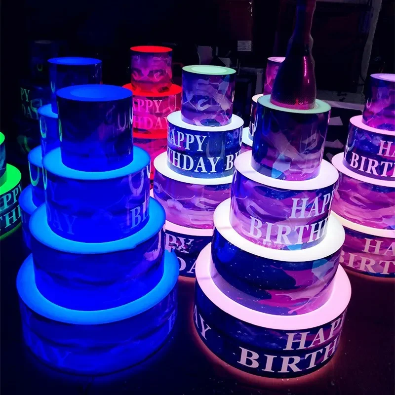 Customzied LED Luminous Happy Birthday Cake Bottle Presenter Wine Glorifier Holder VIP Serving Tray For Night Club Lounge Bar