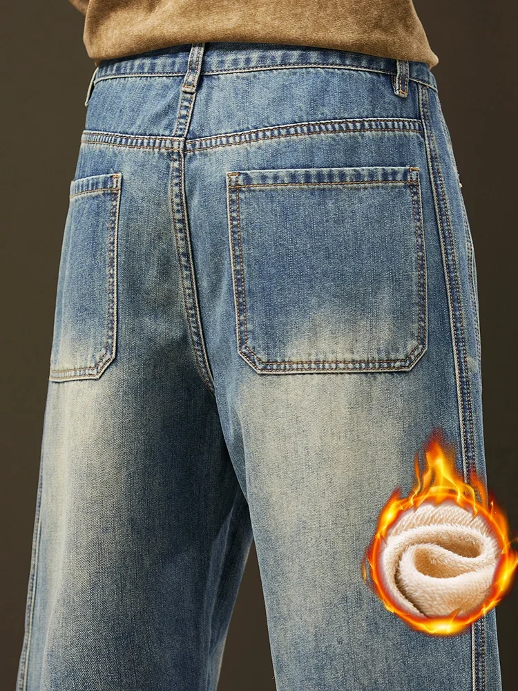 Winter Warm Fleece Jeans Men's Thickened Loose Wide-leg Denim Pants Vintage Wash Casual Straight Velvet Trousers Streetwear - Image 6