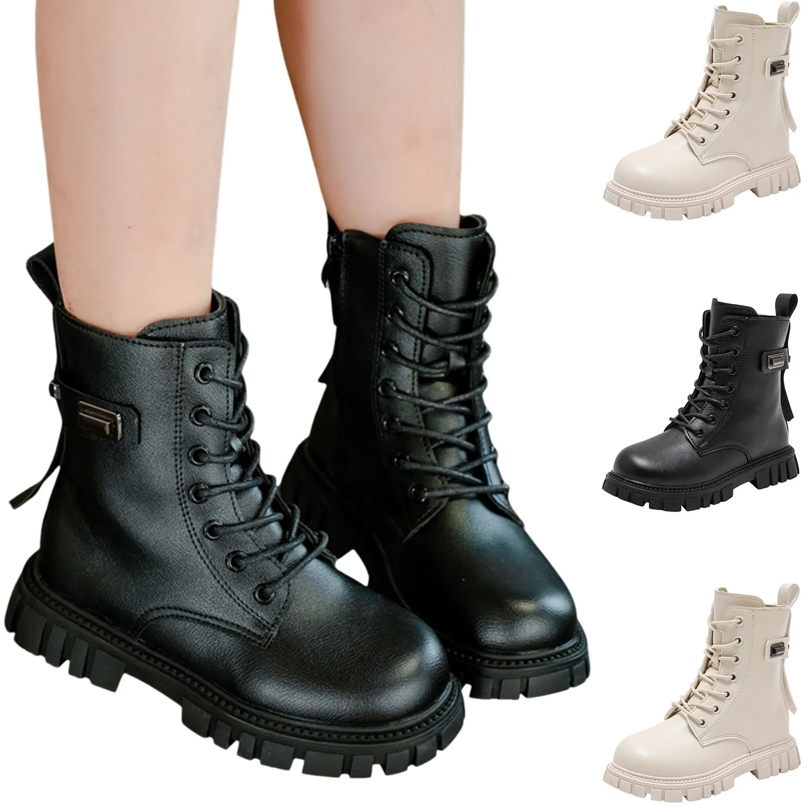 Girls Black Leather Platform Ankle Boots for Kids