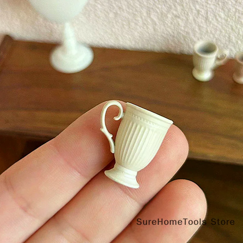 1Pcs Dollhouse French Retro Mini High Foot Relief Mark Coffee Cup With Handle Miniature Scene Decoration High End Stemmed Mugs