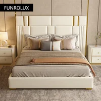 Meubles de luxe légers et modernes, lit en cuir pour chambre à coucher, lit confortable à dossier souple en acier inoxydable avec lit double 1