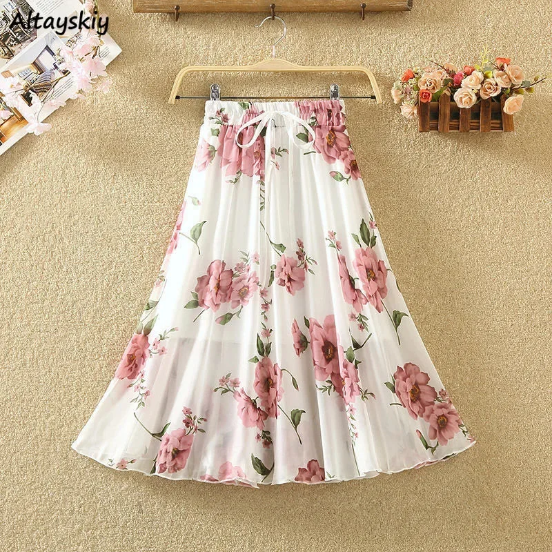 

Chiffon Floral Printed Skirts Women Summer A-line Elegant Retro All-match Stylish Ladies Ruffles Lace Up Bow Swt Elastic Waist