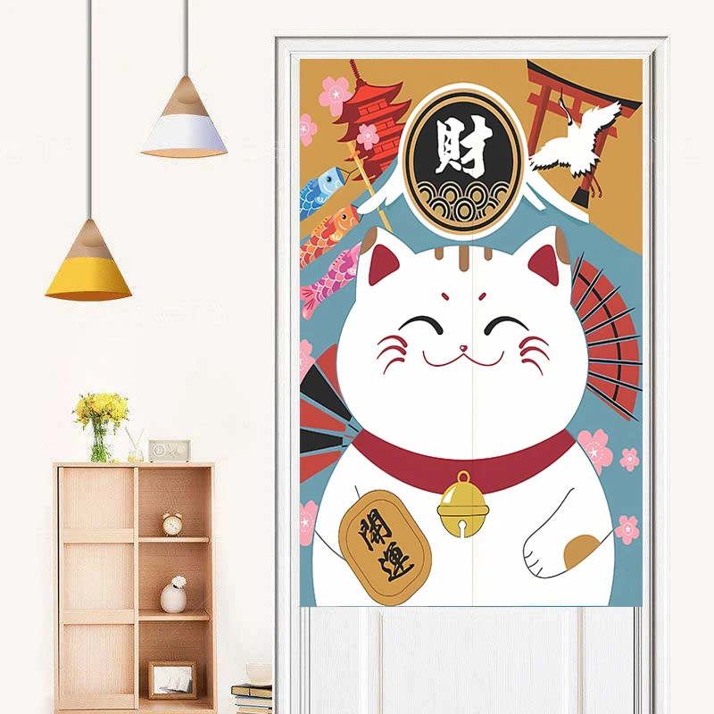 Japanese Style Lucky Cat Printed Door Curtain Partition Kitchen Doorway Decorative Drapes Cafe Restaurant Entrance Half-Curtain 3