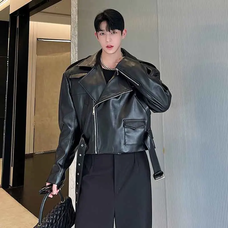 

SYUHGFA Men's Leather Jackets Niche Design Lapel Zipper Motorcycle Clothing Fashion Korean Style Short Pu Coat Autumn Trend