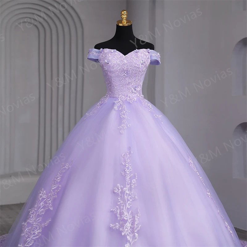 Custom Color Sweet 16 Dress Pink Off Shoulder Plus Size Vestido De Noiva Purple Quinceanera Dress Ball Gown Flower Women Train