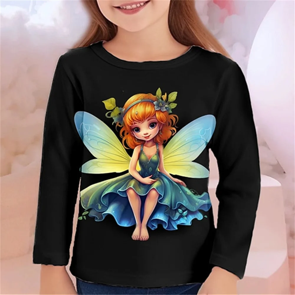 Korean 2023 Autumn Children Clothes For Girls 4 To 12 Years Cute Cartoon Kawaii Long Sleeve Pink Butterfly Elf T-Shirts Kids Top