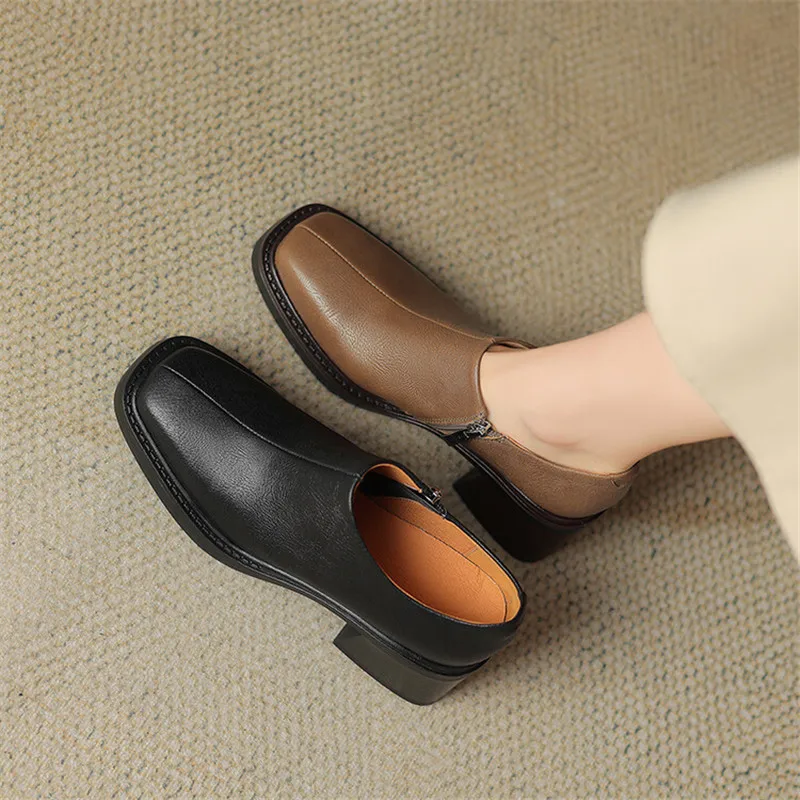 

Autumn Genuine Leather Loafers Square Toe Women Pumps Shoes for Women Concise Ladies Shoes Chunky Heels Zaptos Mujer High Heels