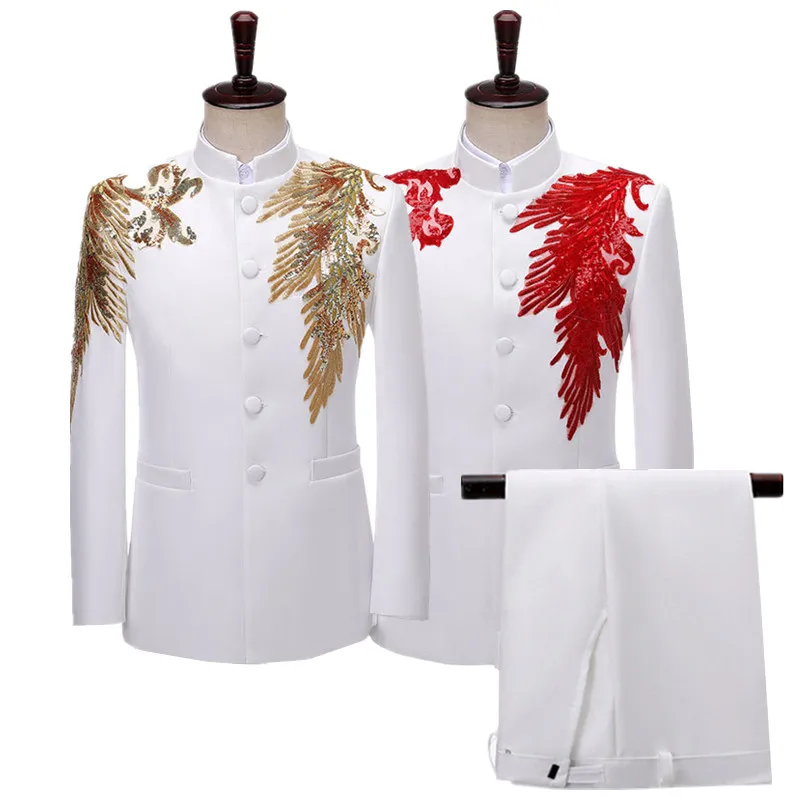 New Men Chinese Style Stand Up Collar Suit 2 Piece Set Fashion Male Stage Performance Luxury Floral Blazer Jacket and Pants