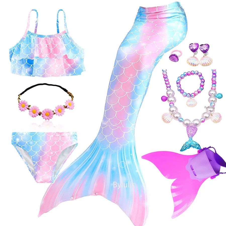 Swimming Mermaid Tail Kids Girls Halloween Costume Cosplay Children Swimsuit Fantasy Beach Bikini Add Monofin Fin Birthday