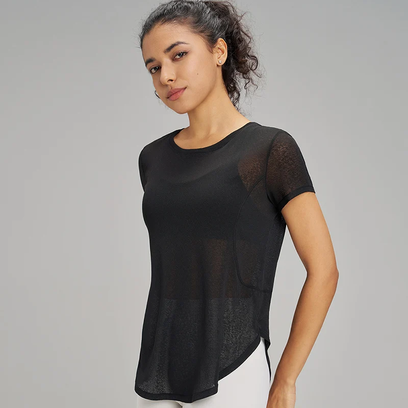 Summer hollow back loose yoga short sleeve fitness leisure sports short sleeve mesh breathable yoga clothing women