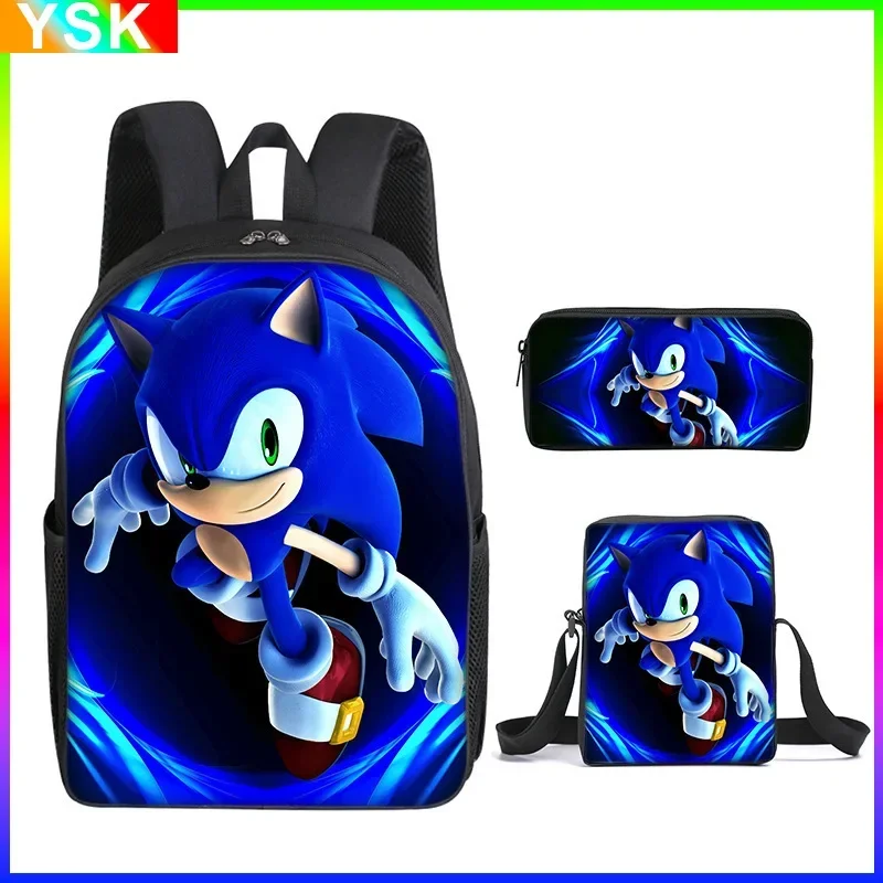 HOT 3PC-SET Sonic Backpack Primary and Middle School Students Schoolbag Boys Girls Anime Cartoon School Bag Mochila