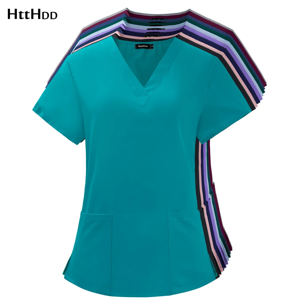Unisex Medical Nurse Uniform Top Short Sleeve High Quality Solid Color Medical Scrub Top VNeck Doctor Elastic Workwear