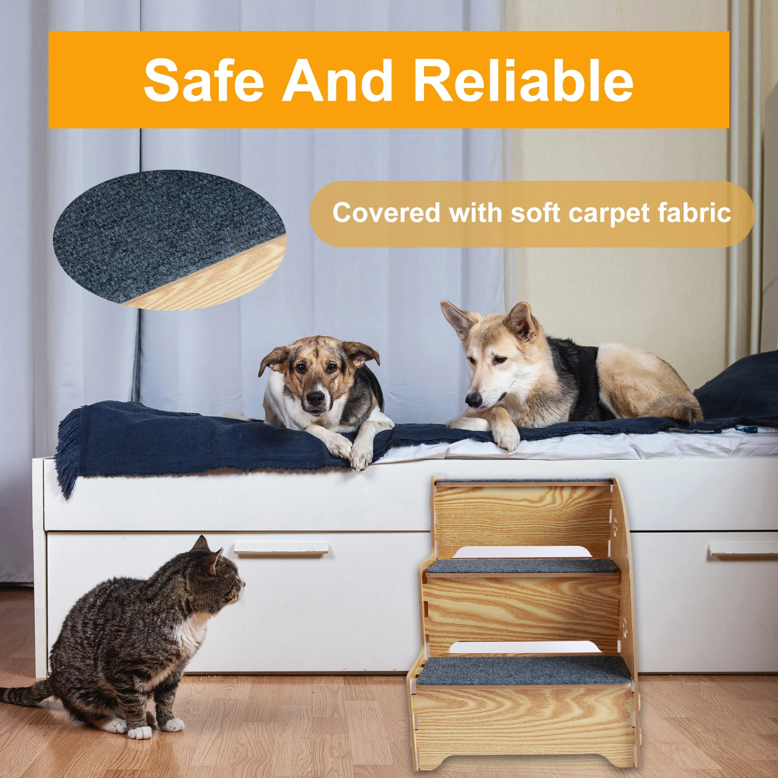 1/2Pcs Wood Dog Ramp Stairs 3 Tiers Pet Steps Non Slip Pet Stairs with Carpeted Fabric Sleek Dogs Bed Supplies