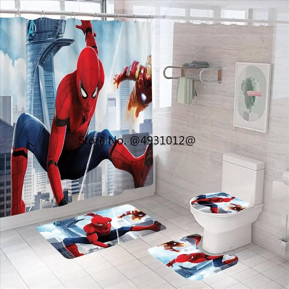 Anime Avengers Spiderman Shower Curtain Carpet Toilet Cover Cartoon Bath Mat Rug Pad Set Bathroom Decor Kids Gifts 4