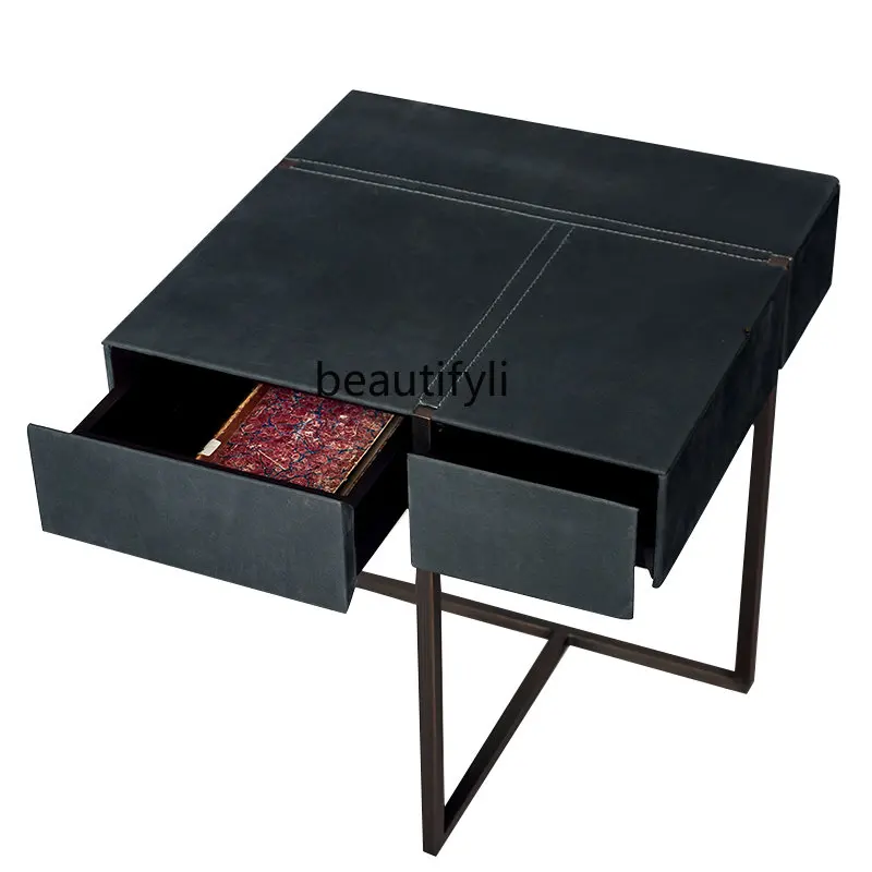 

Bedside Table Designer Model Italian Minimalist Leather Art Modern Light Luxury Side Table